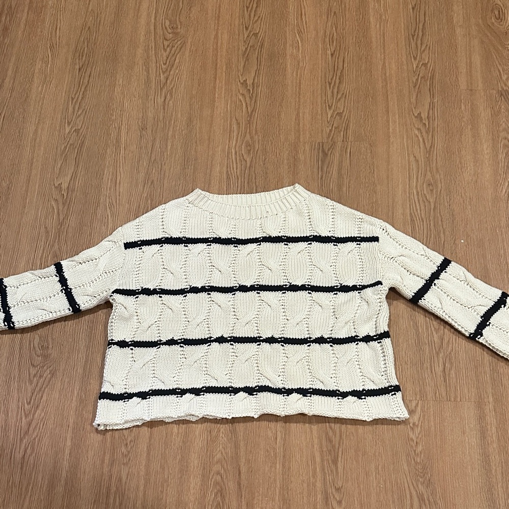 Zara Cream Cable Knit Sweater with Black Stripes